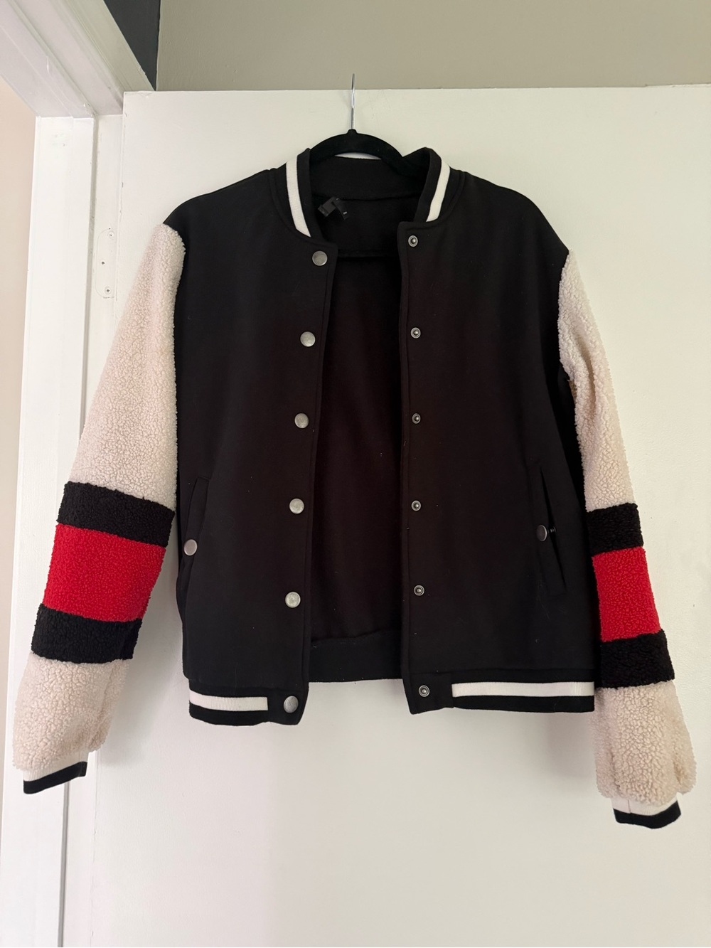 Say What? Black Jacket with Cream Sleeves and Red Trim